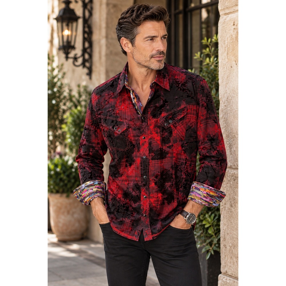 Georg Roth Shirt Mens L Red Black Burnout Velvet Western Flip Cuff Luxury